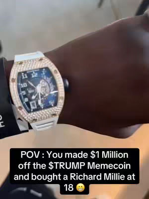 A close-up shot of a person's arm and wrist, showcasing a luxury watch with a white strap and a diamond-encrusted bezel. A black box with white text is overlaid, containing a caption related to financial success and luxury.