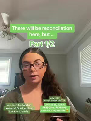 A woman with glasses is centered in the frame against a blurred background. The image has text overlays in green boxes and a ceiling fan is visible above her head.