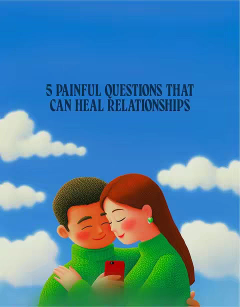 An illustrated image depicts a couple embracing. The background features a blue sky dotted with fluffy white clouds. The couple, rendered in a cartoonish style, are wearing matching green sweaters. The woman is holding a red phone, their faces close together with closed eyes, suggesting intimacy. Above them, overlaid on the image, is white text.