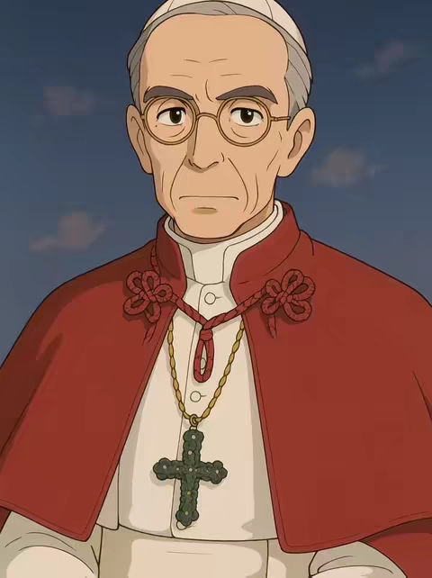 An animated image of a Pope figure in a red cape, white shirt, and a white hat. He is wearing glasses and has a cross necklace. The background is a blue sky.
