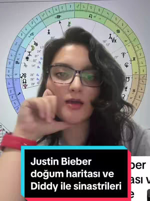 A woman with dark curly hair and glasses is speaking to someone with a colorful astrology chart in the background. A hook with text is present at the bottom of the frame.