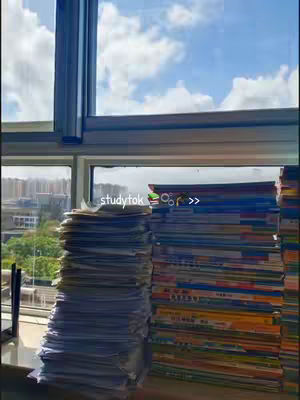 The cover image shows a window view with a bright blue sky and fluffy clouds. In the foreground, there's a stack of papers and a stack of books alongside the window. The text 'studytok' is overlaid on the image.