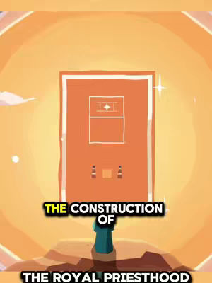 The cover image presents an animated, abstract illustration against a warm, gradient orange background, suggesting a sunset or sunrise. At the center, an orangey-brown rectangular structure resembling a temple or building facade is depicted, with a white outline of a square inside, that evokes the entrance. Below the square are rectangular shapes that represent building blocks. A teal figure seems to be facing the direction of the central shape. The title is placed at the bottom, as text overlay. The overall composition is simple, yet inviting, with a focus on visual storytelling. The text adds further context to the central theme of construction of a royal priesthood.