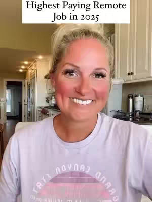 A woman with blonde hair and rosy cheeks smiles at the camera. The background includes a kitchen and cabinetry, while above her is a text overlay.