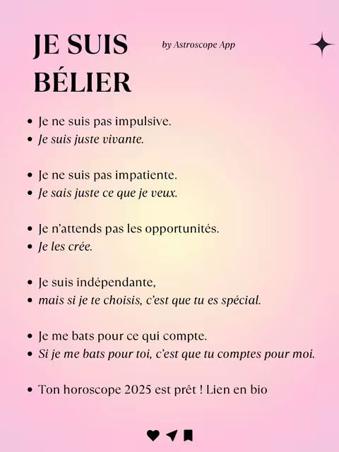 The cover image is a gradient in pink with text in black centered. Text includes "JE SUIS BELIER" in a bold font with a list of defining phrases about being a Aries. At the bottom, there are social media icons and a call to action to follow a link.