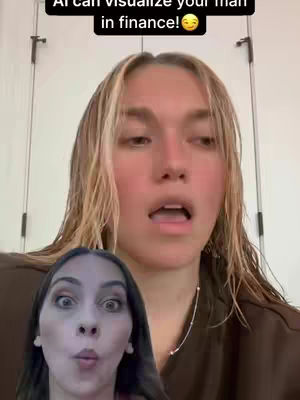 A young woman with light colored hair is looking slightly off-camera with her mouth open. In the lower half of the image is a second video frame featuring a different woman with a surprised expression. Overlayed text states, 'AI can visualize your man in finance!'