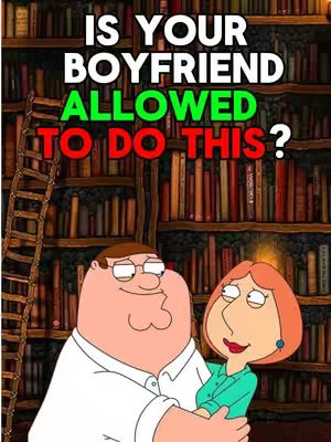 The cover image features a cartoon depiction of Peter and Lois Griffin from Family Guy. Peter is embracing or holding Lois in a library setting. The hook text, using bold and colorful fonts, suggests the video is about a relationship quiz. The background consists of bookshelves with various books, and a wooden ladder.