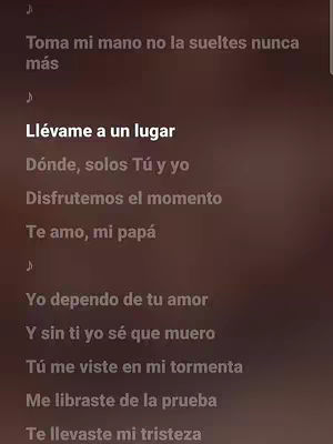 The cover image displays a screenshot of song lyrics presented against a brown background. The text, in a white sans-serif font, includes phrases such as "Llévame a un lugar" highlighting the key message. The overall design is simple and clean, with the focus on readability.