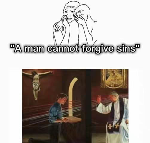 The image shows a meme with two sketched characters and interior church scenes. The top layer has two sketched characters, one whispering and the other covering their ear, with overlaid text. In the background is a crucifix and a priest with another person kneeling.
