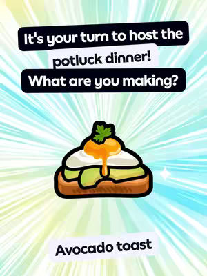 An illustrated cover image featuring a cartoon avocado toast set against a gradient background. The toast, with avocado, egg and a sprig of parsley, is centered, and overlaid with text on black rectangles, and another white rectangle with text.