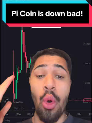 A man with a beard, wearing a black shirt, is shown from the chest up. The background includes a stock chart with green and red bars, and a black banner with white text that reads 'Pi Coin is down bad!'.