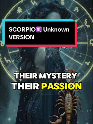 A digital art piece with a figure of a woman with long dark hair, in a dark blue dress. The background depicts a starry space with astrological symbols. A scorpion and layered text boxes are overlaid on top.