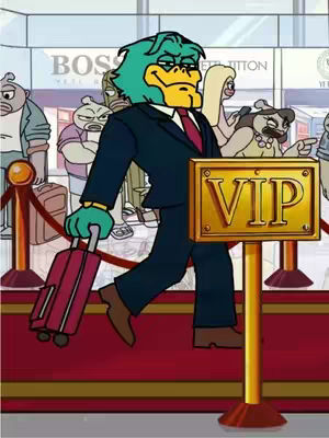 An animated image shows a cartoon character resembling a duck in a suit walking down a red carpet flanked by velvet ropes and a VIP sign. The duck has a blue-green head, a yellow beak, and a black suit with a red tie. Other cartoon characters, some with grumpy expressions, are visible in the background behind red ropes. The setting suggests a VIP entrance at an event or establishment.