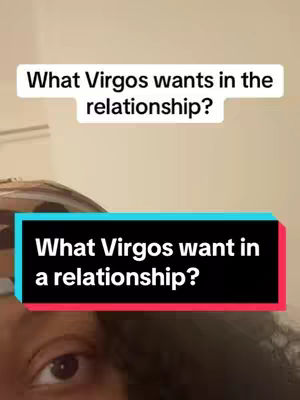 The cover image features a close-up of a person's face, with the eye in focus. Across the top, in a white rectangular box, the text reads, "What Virgos wants in the relationship?". Below that, a central bar displays the same question printed in a bold, sans-serif font against a solid, colored background. The background is comprised of a darker blue and a red stripe.