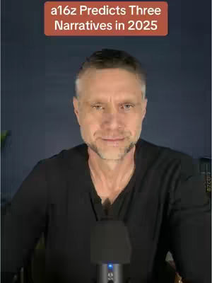 A man with short, graying hair and a goatee looks directly at the camera, against a dark blue background. A rectangular, orange-brown text box at the top reads, "a16z Predicts Three Narratives in 2025."