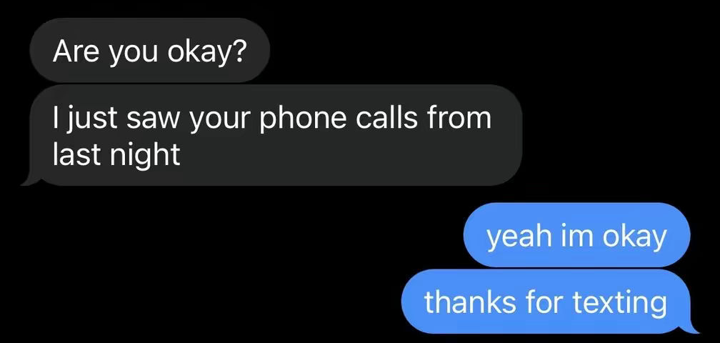 The cover image shows a black background with a series of text bubbles that appear to be a text conversation. The bubbles are various sizes and colors. The first text bubble says, "Are you okay?" The second bubble says, "I just saw your phone calls from last night." A third text bubble says, "yeah im okay", and a final text bubble says, "thanks for texting".