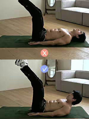 Two images side-by-side, showing an example of the correct and incorrect way to do an abdominal exercise. The top image shows an incorrect form, the bottom shows the correct form. A check mark and an 'X' mark are used for distinction and demonstration.