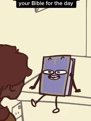 An animated cartoon of a Bible with arms, legs, and a face is conversing with a person, whose face and upper body are cut off in the frame, suggesting a close-up or limited view. The Bible is the focal point, rendered in a cartoonish style with a purple cover and a cross emblem. The background suggests a simple interior setting with plain walls.