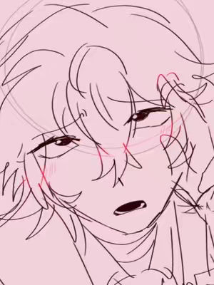 An anime-style drawing of a person's face, rendered in a limited color palette. The face is sketched with black lines on a soft pink background. The person has short, spiky hair, closed eyes with a serious expression, and faintly blushed cheeks. Cross-shaped lines are drawn across the face, some near the person's eye, suggesting a stylized injury or emotion. The composition focuses on the upper chest and face, creating a sense of intimacy and emotional depth.