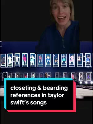 A woman with blonde hair smiles widely, set against a backdrop that includes a row of framed figures from a stage performance and a black background. A lower segment features a black box overlay with bold white text.