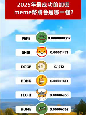 The image features text overlayed on a blurred background of a sky and fields. The top section has a dark red banner with white Chinese text asking which crypto meme coin will be the most successful in 2025?. Below, there are six rows, each representing a different cryptocurrency and including the coin's name, its symbol (a cartoon image), and its current value.