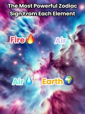 The cover image features a colorful, blurred background reminiscent of a nebula or galaxy. Superimposed on this are the words "The Most Powerful Zodiac Sign From Each Element" in a white, stylized font. Below this text, the elements are labeled with their respective symbols: "Fire" with a flame, "Air" with a gust of wind and a drop of water, and "Earth" with a globe emblem. These elements and labels are positioned around the center of the image with a vibrant, eye-catching arrangement. The overall impression conveys a sense of cosmic connection.