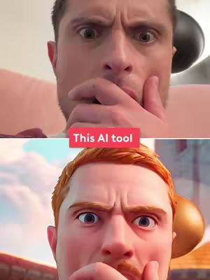 The cover image is split horizontally. The top half shows a close-up of a man with a concerned expression, touching his mouth with his hand. Below this, a cartoon version of the same man is visible with a matching expression. Text overlayed on the bottom half reads 'This AI tool'.