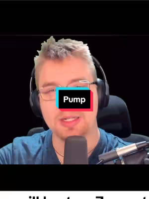 A man with fair skin and short, light-colored hair is centered in the frame against a blurred black background. He wears glasses and headphones, and a microphone is positioned in front of him. The overlay text reading 'Pump' is in a white font, set against a red and blue rectangular background that obscures part of his view.