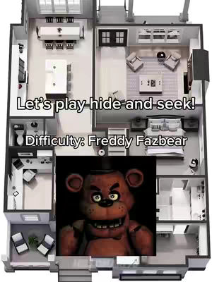 A top-down illustration of a house layout with different rooms. Text overlays include "Let's play hide and seek!" and "Difficulty: Freddy Fazbear," with an image of Freddy Fazbear superimposed within the layout.