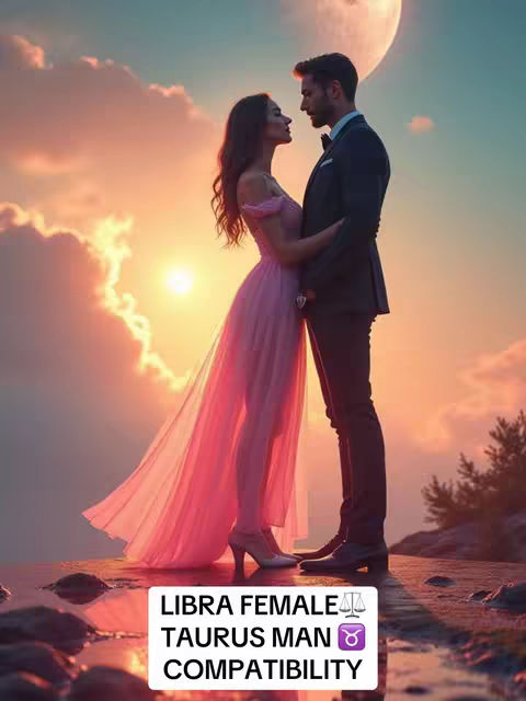 A digital art image depicts a romantic scene under a sunset sky with a large moon, a couple is shown embracing. A woman in a flowing pink dress and high heels stands facing a man in a black suit and bow tie. They are on a rocky surface with a sunset backdrop. Text at the bottom reads 'LIBRA FEMALE TAURUS MAN COMPATIBILITY'.