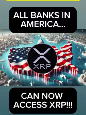 The image features a stylized depiction of the United States, rendered as a waving American flag, superimposed over a map outline. Centered within the flag, a circular XRP logo is displayed. The background suggests a cityscape and water bodies, with text overlays in black rectangles at the top and bottom that reads "ALL BANKS IN AMERICA..." and "CAN NOW ACCESS XRP!!!" respectively. The overall impression is a promotional graphic focusing on cryptocurrency.