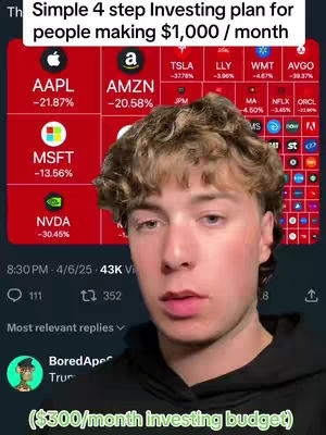 A young man with short, curly blond hair is the central figure, positioned in front of a red graphic that displays stock market information. The graphic includes logos of well-known companies like Apple, Amazon, and Microsoft, along with their stock performance percentages. The lower part of the image shows text overlays related to the video, like the date and views.