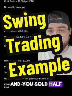 The cover image is a split-screen with a screen capture on the top half showing financial data and a man on the right half wearing a backwards baseball cap and glasses. Overlayed across the image and covering the image is bold text in yellow fonts that reads "Swing Trading Example" and "AND YOU SOLD HALF".