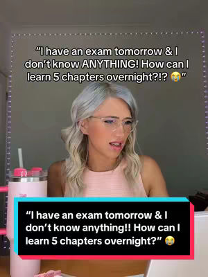 A woman with blonde hair and glasses is sitting at a desk, looking concerned. Text overlays are present. The background is simple, with a pink tumbler in the foreground. The overall composition suggests a focus on the woman’s expression and the text.