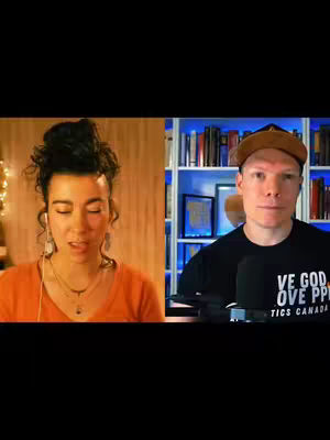 The cover image is a split-screen. On the left, there is a woman with dark hair pulled back in a bun. She is wearing an orange top. On the right, a man, wearing a cap, black t-shirt that has lettering on it is standing next to a bookshelf. Both subjects face the camera.