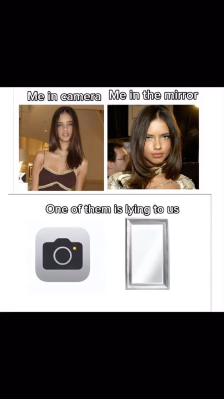 The cover image is a split-screen meme, comparing a woman in a photo (left) and a different, idealized image of her in a mirror (right). Below, the picture features a camera icon and a mirror icon to emphasize that one of the images is not real.