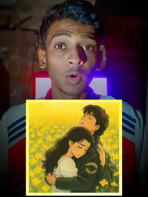 A selfie-style video with a young man in the foreground, eyes wide and mouth slightly open, showing surprise or excitement. Behind him is a colorful illustration of a couple in a Ghibli art style, adding a playful and artistic feel to the composition.
