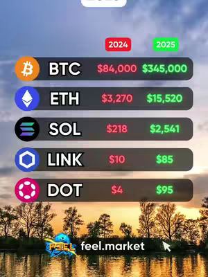 The image displays a financial projection on a landscape background at sunset. The top portion has a series of data points comparing the current (2024) and projected (2025) values of different cryptocurrencies like Bitcoin, Ethereum, Solana, Chainlink, and Polkadot. Below, there's a reflective body of water with trees, and at the bottom, a logo with the feel.market URL floats on the surface.