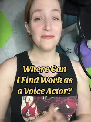 A video cover image featuring a woman looking towards the camera with a text overlay. The woman has fair skin, red hair, and is wearing a black tank top. The text overlay is a yellow, bold text that reads: "Where Can I Find Work as a Voice Actor?". The background appears to be a cluttered room.