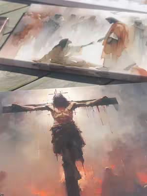 The cover image is a two-part composition. The top half depicts a religious scene with figures in flowing robes; one figure appears to be reaching out to help another. The background is blurred, suggesting movement and a sense of divine interaction. The bottom half showcases a depiction of Jesus on the cross. His body is detailed against a backdrop of smoke and a fiery-orange glow, symbolizing the crucifixion. The overall composition uses a muted, painterly style, with a focus on the figures and strong emotional impact.