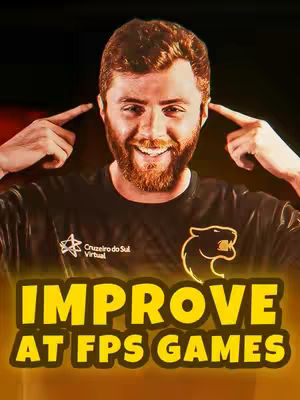 The cover shows a man pointing at his temples, smiling, with the text 'IMPROVE AT FPS GAMES' overlaid.