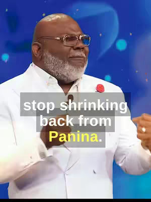 The cover image features a man, presumably T.D. Jakes, dressed in a white suit, glasses, and a slightly upward gaze. The background is a blurred blue with highlights. A text overlay in a rectangular grey box reads, 'stop shrinking back from Panina.'