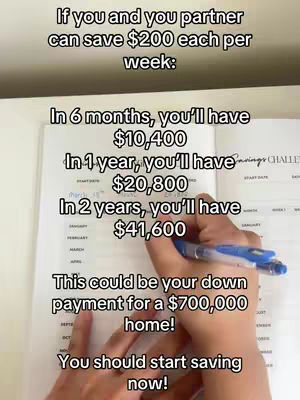 A hand holding a pen is writing on a paper with financial data for saving money. The text overlay above provides context about saving $200 a week will result in savings.