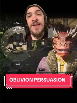 The cover image features a man in the center, holding his face with a surprised expression, with part of video game scene on overlay to frame him. A red and white text box at the bottom reads 'OBLIVION PERSUASION'. To the right, there is a character with a dragon or lizard mask. The image is set against a blurred background suggesting an indoor setting. The layout and composition are typical of social media content.