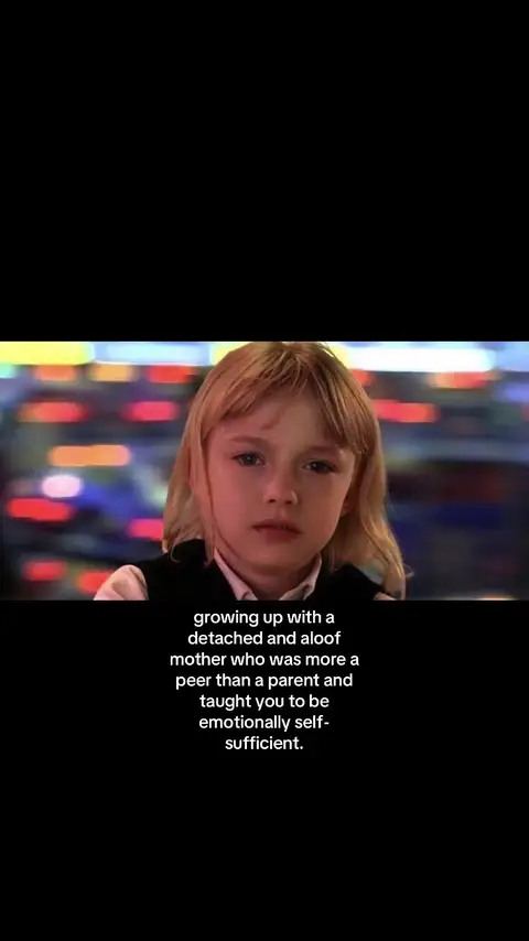 A young girl with blonde hair and a serious expression is the central focus, set against a blurred background with colorful lights. Text overlays the bottom half, with a black backdrop, the image is framed vertically.