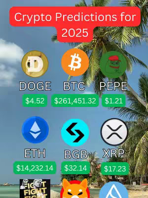 The image is a promotional graphic predicting cryptocurrency prices. The top of the image features a red banner with the text 'Crypto Predictions for 2025.' Below, a selection of crypto logos are displayed, including DOGE, BTC, and PEPE. Each logo is accompanied by predicted price in green boxes. The background is a tropical scene with a blue sky and palm trees.
