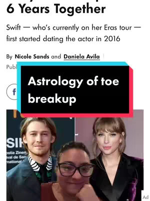 The cover image features a split screen. On the upper half, it displays a webpage-style graphic with text about a celebrity relationship titled '6 Years Together'. Below this, the image showcases three individuals: two celebrities and a person in the foreground wearing glasses. A black rectangle with white text reading 'Astrology of toe breakup' is superimposed over the image.