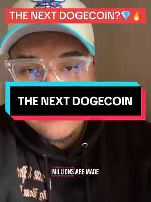 The cover image features a man wearing glasses and a white cap with text overlays. The top overlay reads, 'THE NEXT DOGECOIN?' with a diamond and flame icons. A second text overlay across the lower-mid section states: 'THE NEXT DOGECOIN.' The overall composition is a selfie style shot.