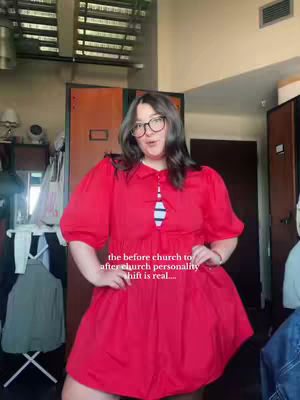 A woman wearing glasses and a red dress stands in front of an orange cabinet. Text overlays the image.