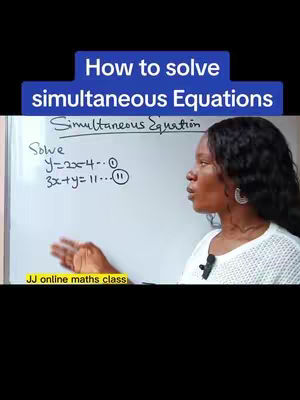 A woman with dark hair stands to the right of a whiteboard, gesturing with her hand as she explains math equations written on the board. The top of the image has a blue bar with white text: "How to solve simultaneous Equations."